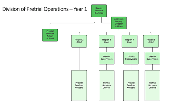 A graph showing the organizational structure of the division of pretrial operations. Deputy director, to assistant deputy director to region chiefs to district supervisors, ending at pretrial services officers. For regions are shown, region 2 through region 5. Other than region 2, which has no box for district supervisors, each region is the same.